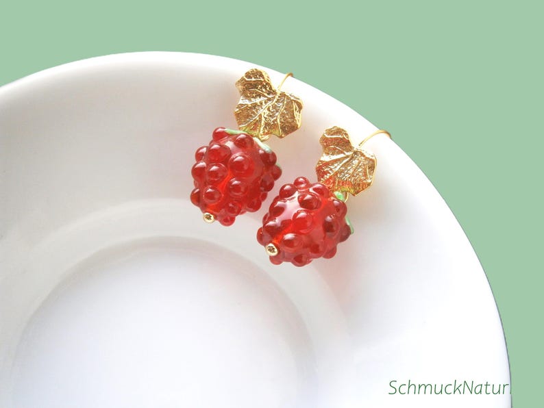 Raspberry Earrings: Gold-plated stainless steel drop earrings with red berries, fruit jewelry, fruit image 2