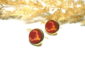 Wooden deer earrings: Red traditional-style drop earrings, gold-plated stainless steel, also available as stud earrings