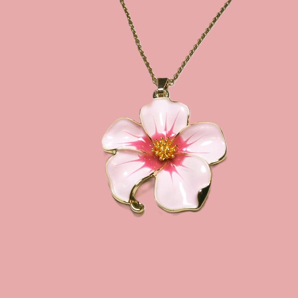 Halskette mit rosa Blüte, Kette mit Hibiskus Anhänger, Emaillierte Blumenkette