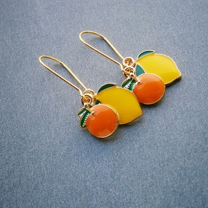 Lemon and orange earrings: Gold-plated stainless steel drop earrings, colorful enameled fruit design, fruit jewelry