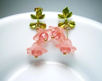 Pink bellflower earrings: Green leaf stud earrings with flower pendants
