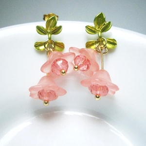 Earrings bluebells pink, green leaf stud earrings with flower pendants