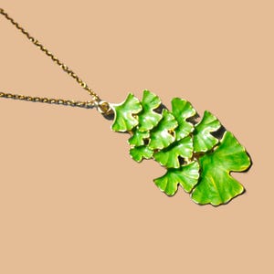 Ginkgo leaf necklace, gold-plated stainless steel chain with green enameled leaf pendant