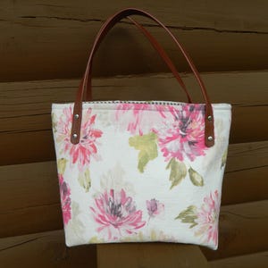 Vintage Fabric Tote Bag, Large Floral Bag, Market Tote, Farmers Market Tote, Fabric Tote Bag Lined, Reusable Tote, Vegan Leather Handles