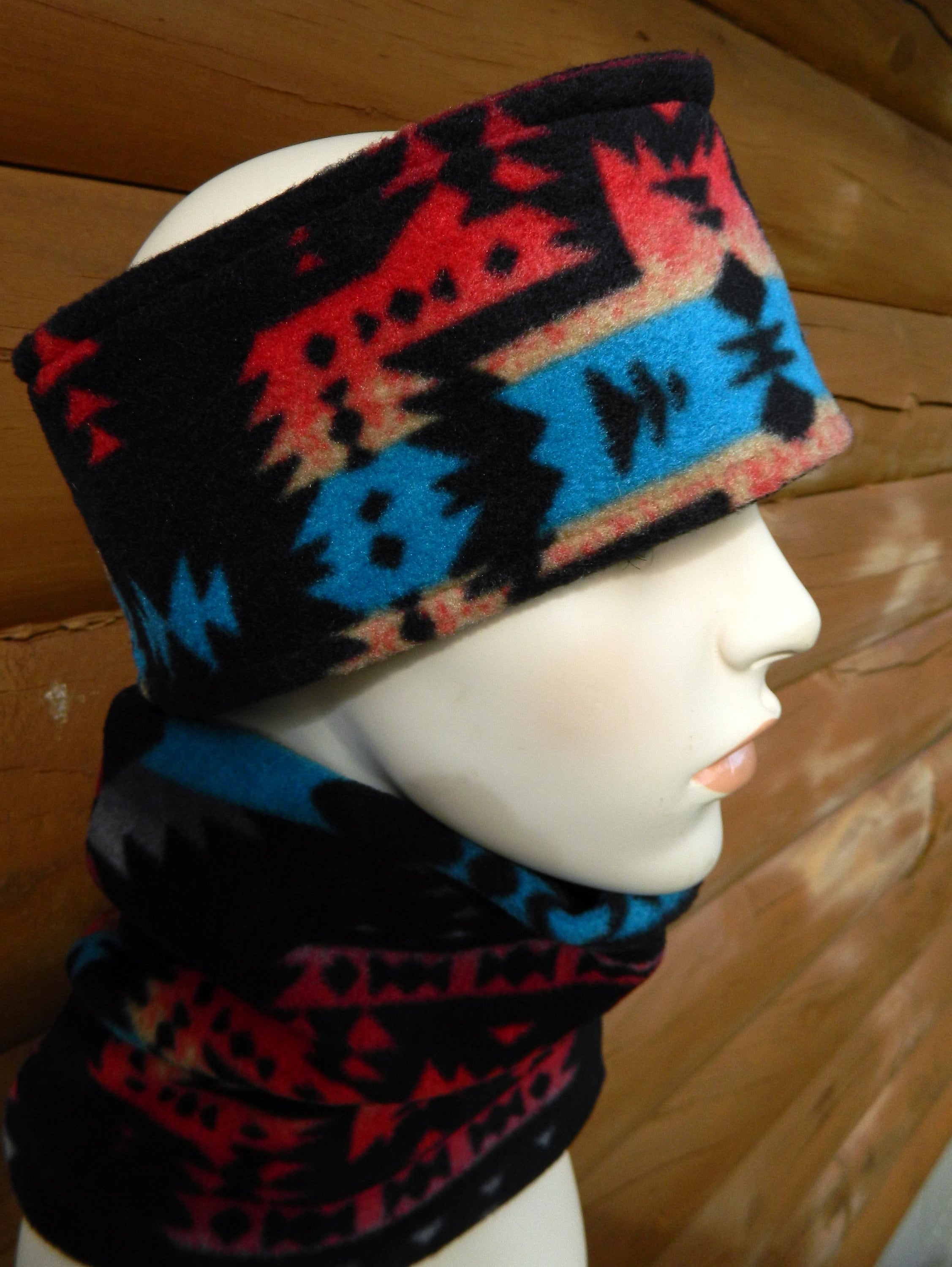 Black Aztec Design Ear Warmer, Fleece Winter Headband, Extra Wide Style ...