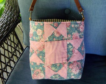 Vintage Blue and Pink Vintage Quilt Crossbody Bag: Small Fabric Tote with Vegan Leather Handles