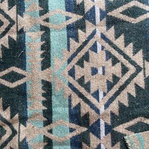 Pu&ograve; includere: Primo piano di un tessuto intrecciato con un motivo geometrico. Il design presenta forme ripetute a diamante e triangolari in tonalit&agrave; di verde acqua, blu navy e beige. Il tessuto ha un aspetto strutturato, che suggerisce una coperta o un tappeto.