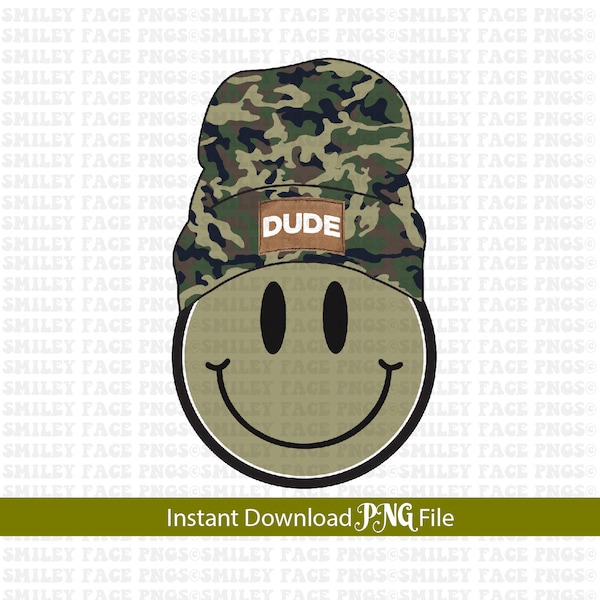 Smiley Face with Camo Beanie Png, Beanie Smile Png, Dude Camo Beanie Smiley, Png for shirt, smiley face png, Camo Smiley