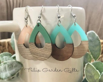 Wood & Resin Teardrop Hoop Fishhook Earrings, Casual Earrings, Everyday Earrings, Boho Earrings, Fun Earrings, Wood Earrings, Resin Earrings