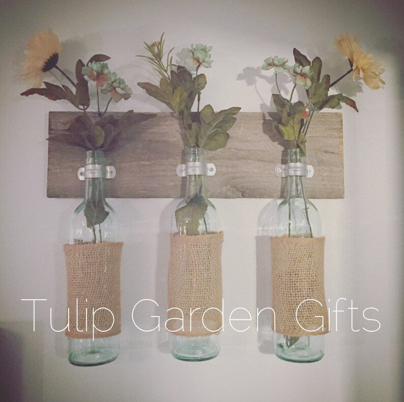 Burlap Wine Bottle Trio Wall Vase on Wood Wine Bottle Wall Etsy