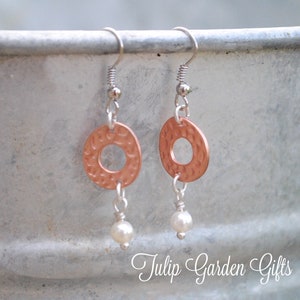 Hammered Copper Ring Earrings With Pearl Accents, Copper Earrings, Hammered Copper Earrings, Copper and Pearl Earrings, Copper Pearl Earring image 2