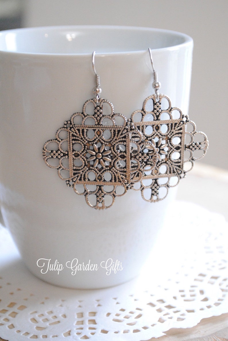 Flower Medallion Cage Earring, Filigree Medallion Earrings, Daisy Medallion Earring, Silver Medallion Earring, Boho Earrings image 1