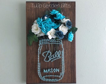 Mason Jar With Flowers String Art, Ball Mason Jar String Art, String Art Mason Jar with Flowers, Flower Jar String Art, String Art Flowers