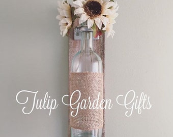 Wine Bottle Wall Vase on Natural Aged Reclaimed Wood with Optional Burlap and Flower Accents, Farmhouse Decor, Farmhouse Wall Vase, Shabby