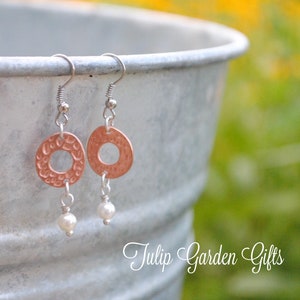 Hammered Copper Ring Earrings With Pearl Accents, Copper Earrings, Hammered Copper Earrings, Copper and Pearl Earrings, Copper Pearl Earring image 1