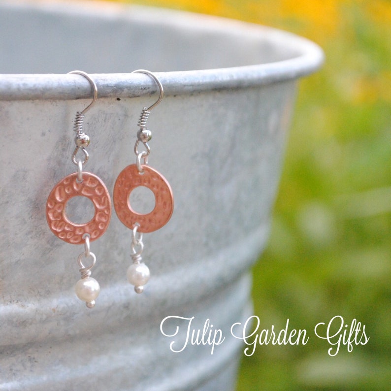 Hammered Copper Ring Earrings With Pearl Accents, Copper Earrings, Hammered Copper Earrings, Copper and Pearl Earrings, Copper Pearl Earring image 1
