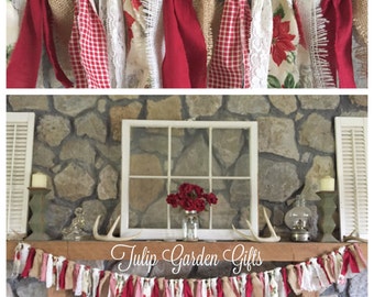 Holiday Rag Garland with Optional Burlap Button Bows, Holiday Mantel, Christmas Decor, Christmas Mantel, Christmas Garland, Rag Bunting