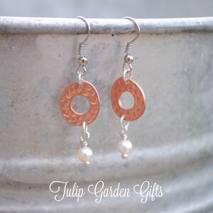 Hammered Copper Ring Earrings With Pearl Accents, Copper Earrings, Hammered Copper Earrings, Copper and Pearl Earrings, Copper Pearl Earring image 4