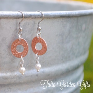 Hammered Copper Ring Earrings With Pearl Accents, Copper Earrings, Hammered Copper Earrings, Copper and Pearl Earrings, Copper Pearl Earring image 3