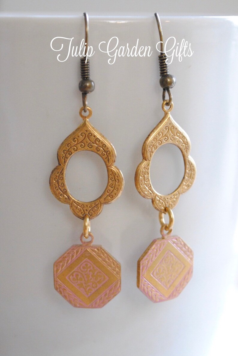Etched Brass Earrings Vintage Brass Earring Filigree Medallion Drop Earrings Pretty In Pink Earrings Antique Style Pink Brass Earrings