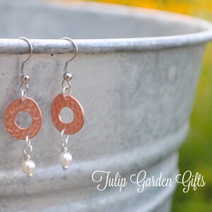 Hammered Copper Ring Earrings With Pearl Accents, Copper Earrings, Hammered Copper Earrings, Copper and Pearl Earrings, Copper Pearl Earring image 5