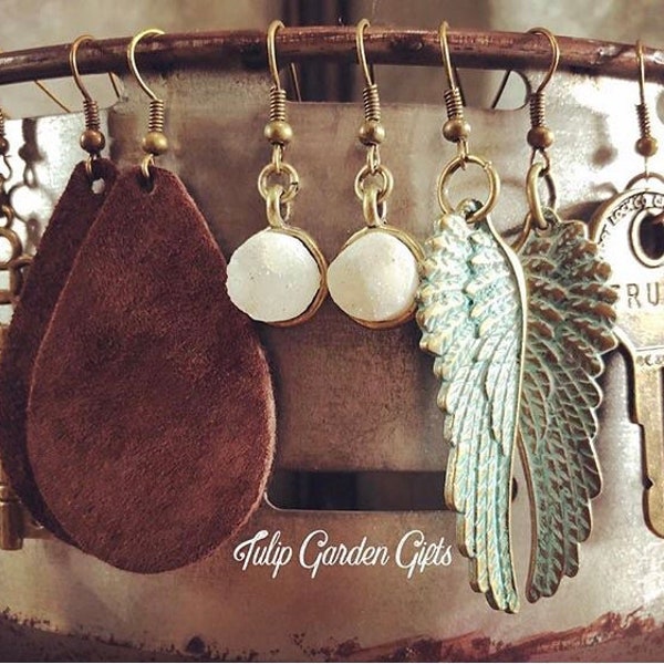 Boho Beauty Earrings, Vintage Key Earrings, Turquoise Wings Earrings, Druzy Earrings, Vintage Earrings, Gypsy Jewelry