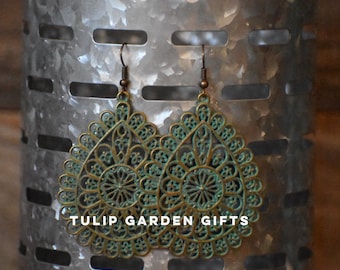 Filigree Teardrop Medallion Earrings, Verdigris Medallion Earrings, Silver Medallion Earrings