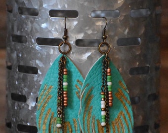 Boho Feathered Turquoise Beaded Leather Earrings