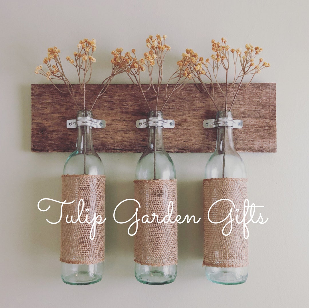 Burlap Wine Bottle Trio Wall Vase on Wood Wine Bottle Wall Etsy