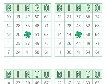 1000 St. Patrick's Day Bingo Cards, prints 4 per page, Instant pdf download, clover