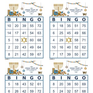 Happy Hanukkah Bingo Cards, 1000 cards, prints 4 per page, Instant pdf download