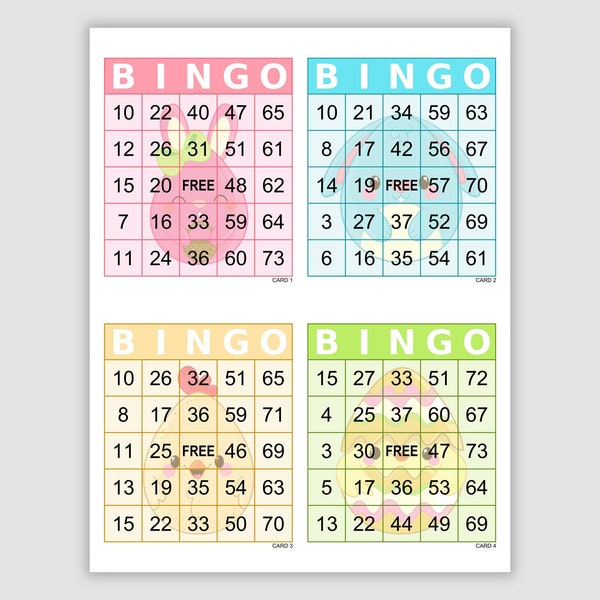 100 Easter Bingo Cards Pdf Download, 1, 2, and 4 Per Page, Instant Printable Fun Party Game, 4 different colors/images