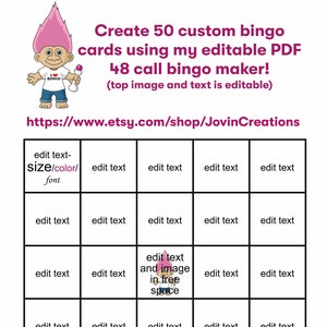 Custom Bingo Template, 50 Cards Automatically Fill, 48 Call, Top and Free Text/Image, Use for Editable Find the Guest Template