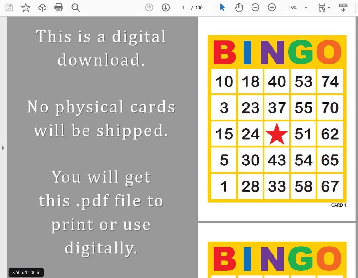 100 Printable Bingo Cards Pdf Download, 1, 2, and 4 per Page, Instant ...