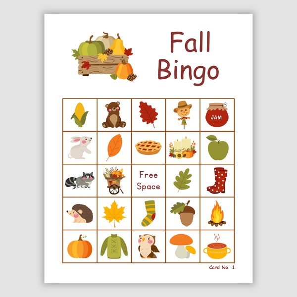 50 Fall Picture Bingo Pdf Download, 1 Per Page, Instant Printable Fun Party Game, fall memory cards