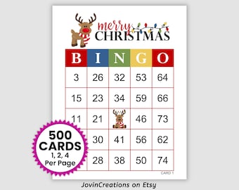 500 Christmas Bingo Cards, 1, 2, and 4 Per Page, Reindeer Fun Printable Holiday Party Game Christmas Printable Christmas Game Download