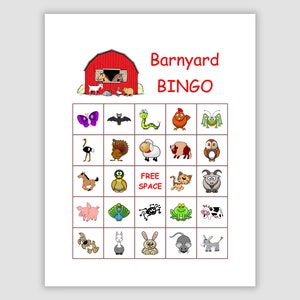 May include: A red barn with a white roof and a white door. The barn is on a white background with the words "Barnyard Bingo" in red letters. The bingo card has 25 squares with different farm animals in each square. The animals include a butterfly, a bat, a snake, a rooster, a grasshopper, an ostrich, a turkey, a sheep, a pig, an owl, a horse, a duck, a cat, a goat, a pig, a peacock, a spider, a frog, a cow, a dog, a rabbit, a mouse, and a donkey.