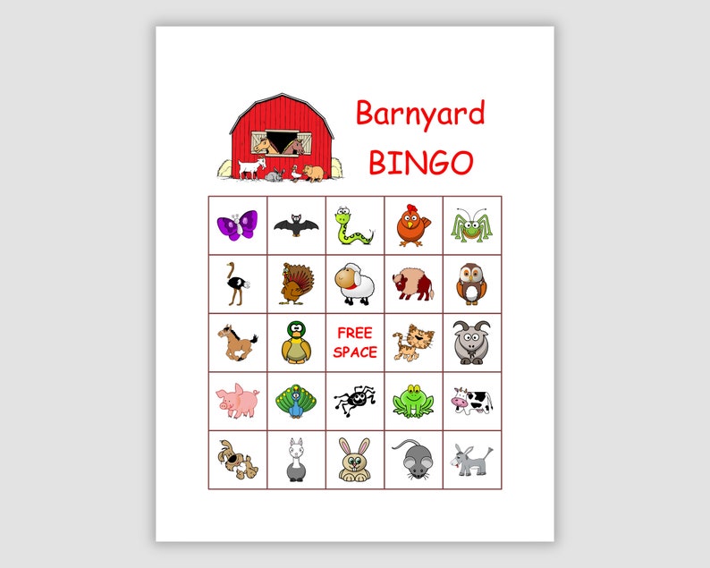 May include: A red barn with a white roof and a white door. The barn is on a white background with the words "Barnyard Bingo" in red letters. The bingo card has 25 squares with different farm animals in each square. The animals include a butterfly, a bat, a snake, a rooster, a grasshopper, an ostrich, a turkey, a sheep, a pig, an owl, a horse, a duck, a cat, a goat, a pig, a peacock, a spider, a frog, a cow, a dog, a rabbit, a mouse, and a donkey.
