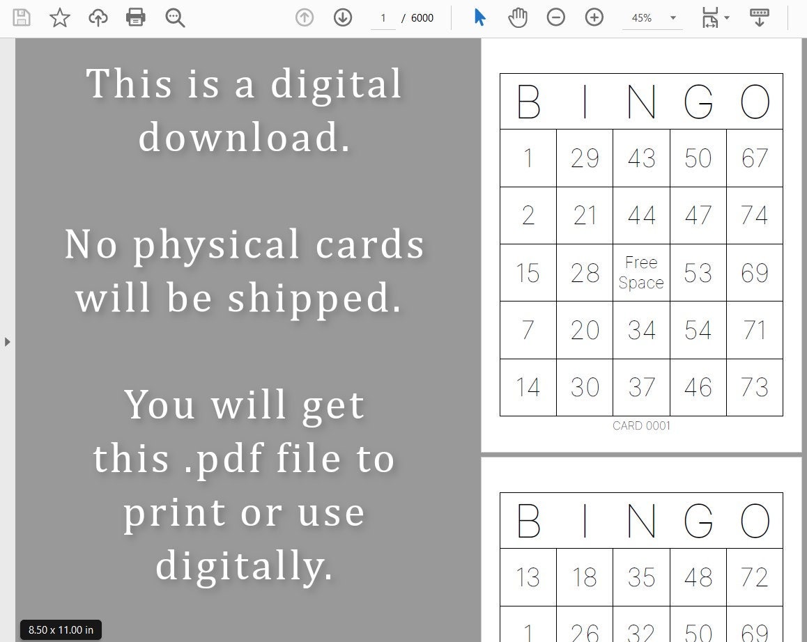 6000 Bingo Cards Pdf Download, 1, 2, 4, and 6 per Page, Ink Saving