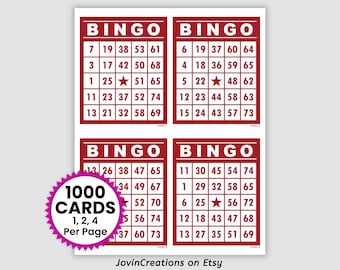 1000 Bingo Cards Pdf Download, 1, 2, and 4 Per Page, Instant Printable Fun Party Game, Retro Red