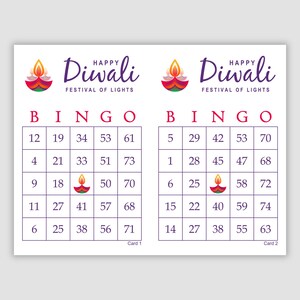 500 Diwali Bingo Cards Pdf Download, 1 and 2 Per Page, Instant Printable Fun Diwali Festival of Lights Party Game