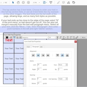 May include: A screenshot of a computer screen showing a form field text properties window. The window has options for font, alignment, idents, and spacing. The text "Form Field Text Properties" is at the top of the window. The text "Helvetica" is in a drop-down menu. The text "20" is in a text field. The text "TTT-TTT-TTT" is in a text field. The text "More..." is in a button. The text "Your Text" is in a text field. The text "Your Text" is in a text field. The text "Left: 20 points" is in a text field. The text "First: None" is in a drop-down menu. The text "Right: 20 points" is in a text field. The text "By: 0 points" is in a text field. The text "Above: 0 points" is in a text field. The text "Line Spacing: Single" is in a drop-down menu. The text "Below: 20 points" is in a text field.