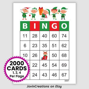 2000 Christmas Bingo Cards Pdf Download, 1, 2, and 4 Per Page, Instant Printable Fun Party Game, Elves