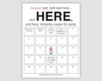 50 Card Editable Bingo Template, 24 Call Game, All Text and Free Image Edits, Blank bingo card template download for custom bingo cards