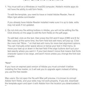May include: Instructions for editing a fillable PDF form field template using Adobe Reader. The instructions explain how to edit text fields, including using the "More..." menu for text alignment options. It also notes that using Mac PDF preview can corrupt form fields and recommends using Adobe Reader instead.