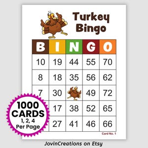1000 Turkey Bingo Cards, 1, 2, and 4 Per Page, Instant Printable Fun Fall or Thanksgiving Party Game Pdf Download