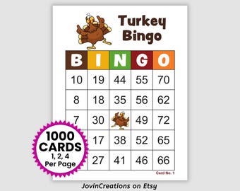 1000 Turkey Bingo Cards, 1, 2, and 4 Per Page, Instant Printable Fun Fall or Thanksgiving Party Game Pdf Download