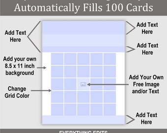 100 Card Editable Text Bingo Template, Everything Edits, Auto-Fills 100 Bingo Cards Using 36 Calls, PDF Download, DIY Bingo Card Generator