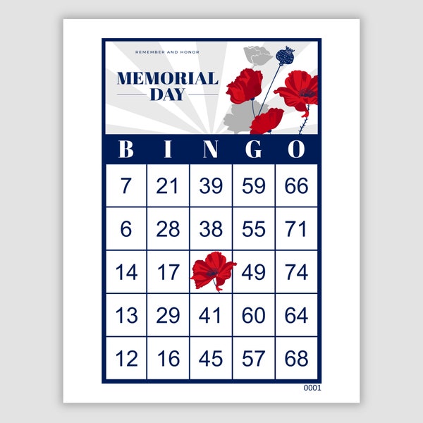 100 Memorial Day Bingo Cards Pdf Download, 1, 2, and 4 Per Page, Instant Printable Fun Party Game, Poppies