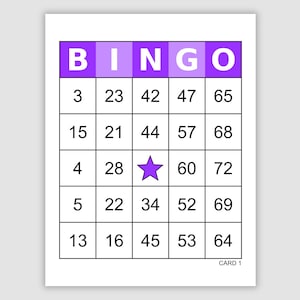 600 Bingo Cards Pdf Download, 1, 2, 4, and 6 Per Page, Instant Printable Fun Party Game, Simple Colorful, Large Print Bingo, Purple